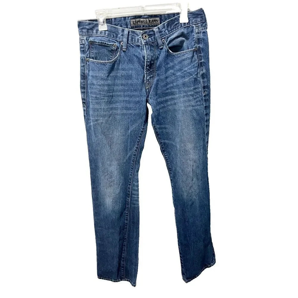 Express Jeans Mens Blue Rocco Slim Fit Straight Leg Denim Jeans 32 x 34 Whisker